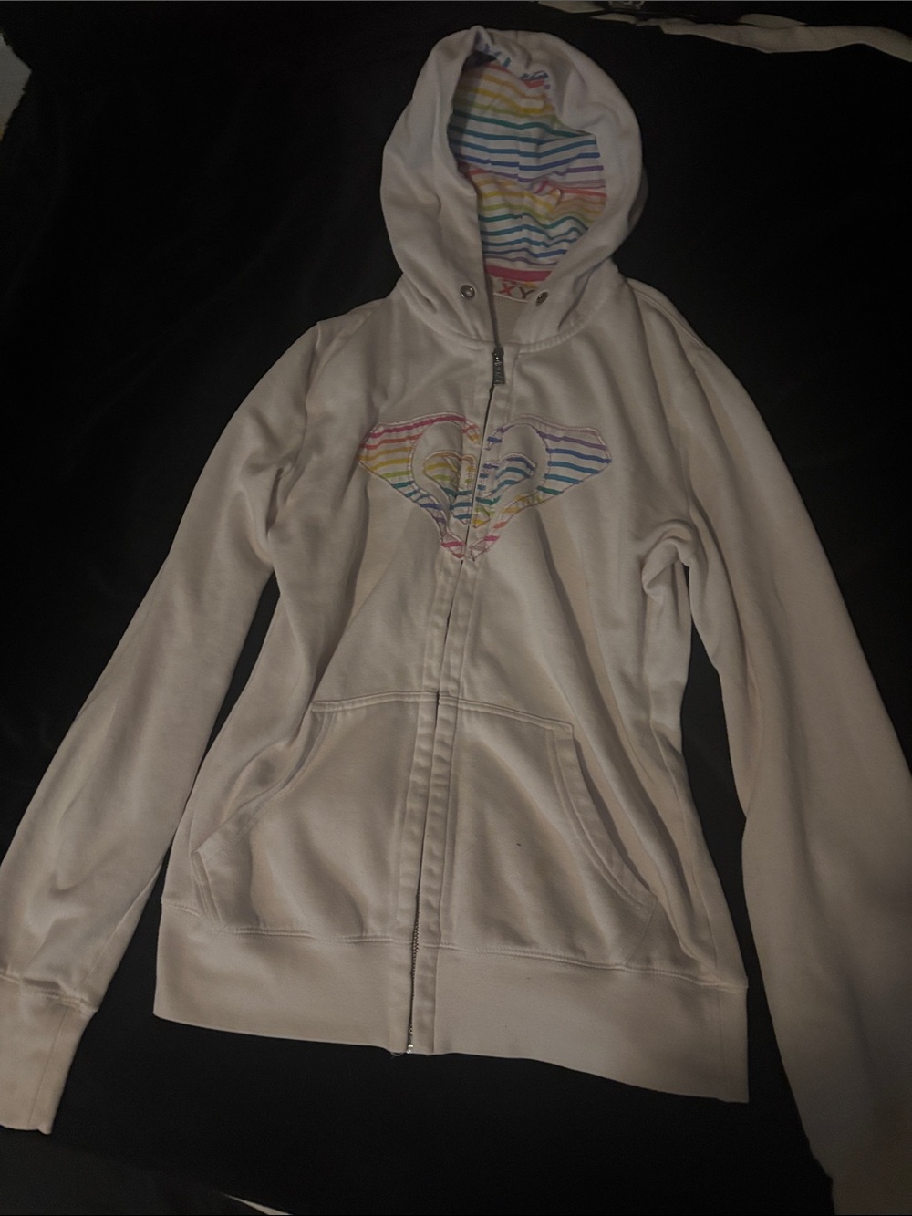 vintage Y2K Scene Roxy White Hoodie with Rainbow Stripe Lining